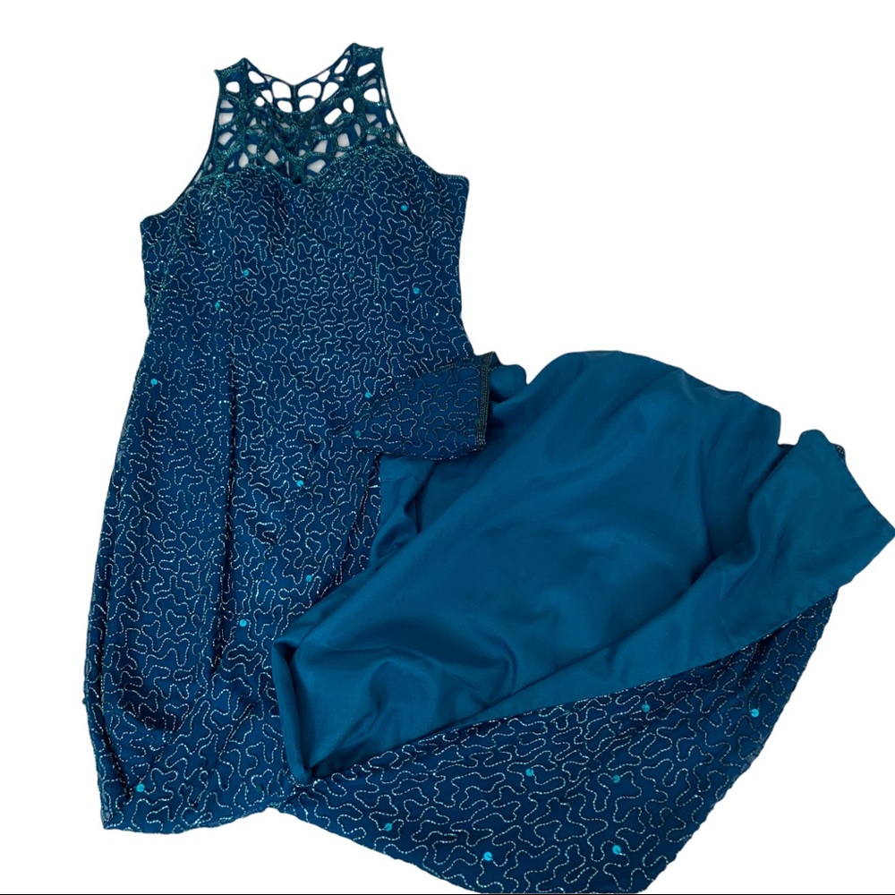 Vintage 80’s Scala Blue Sequin Beaded Formal Maxi Dress Gown
